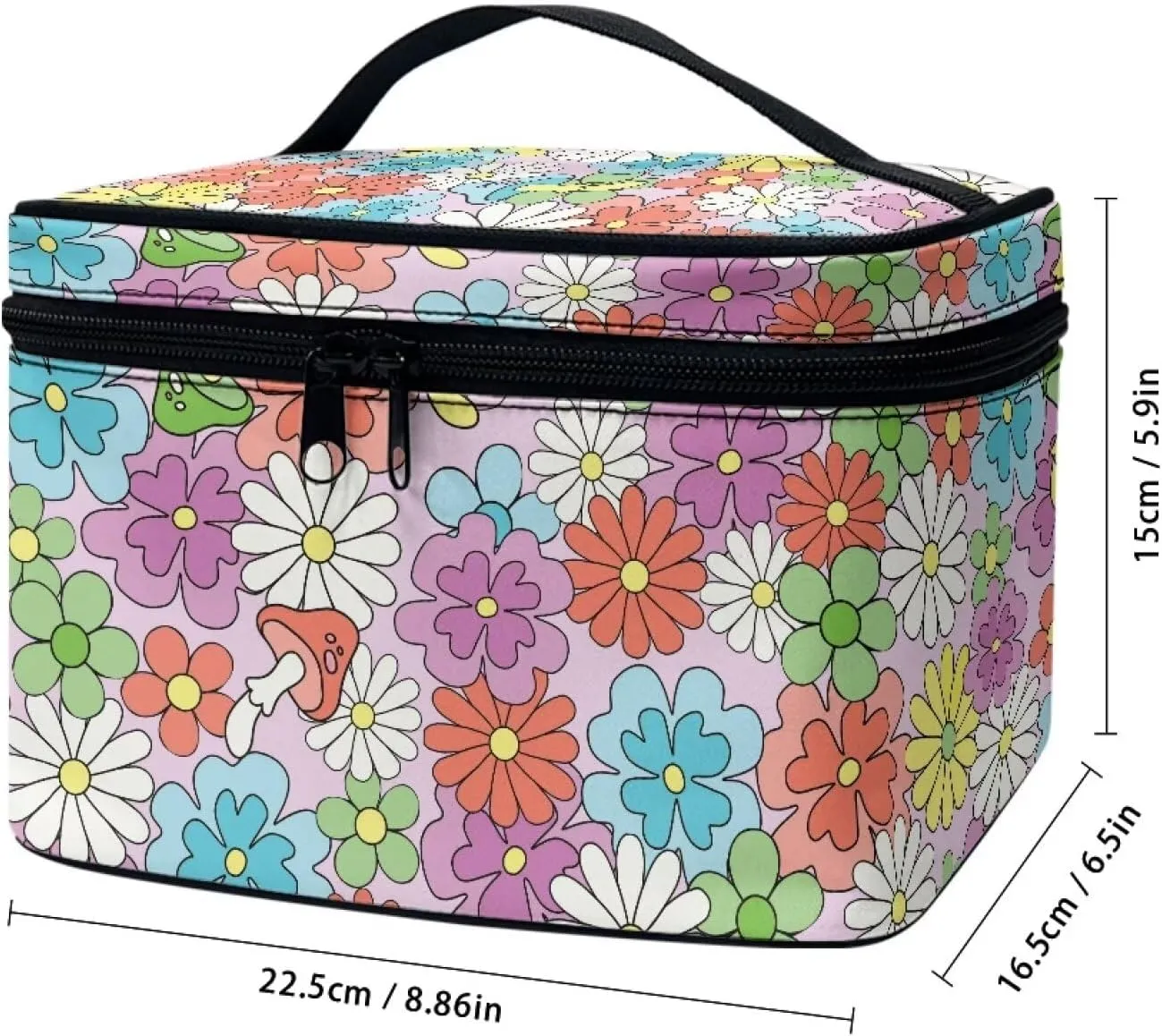 Daisy Mushroom Travel Cosmetic Bag for Women Girls Zipper Clear Travel Bags for Toiletries Large Capacity Brushes Case with Handle Easy to Clean for Weekend Getaways, Vacations