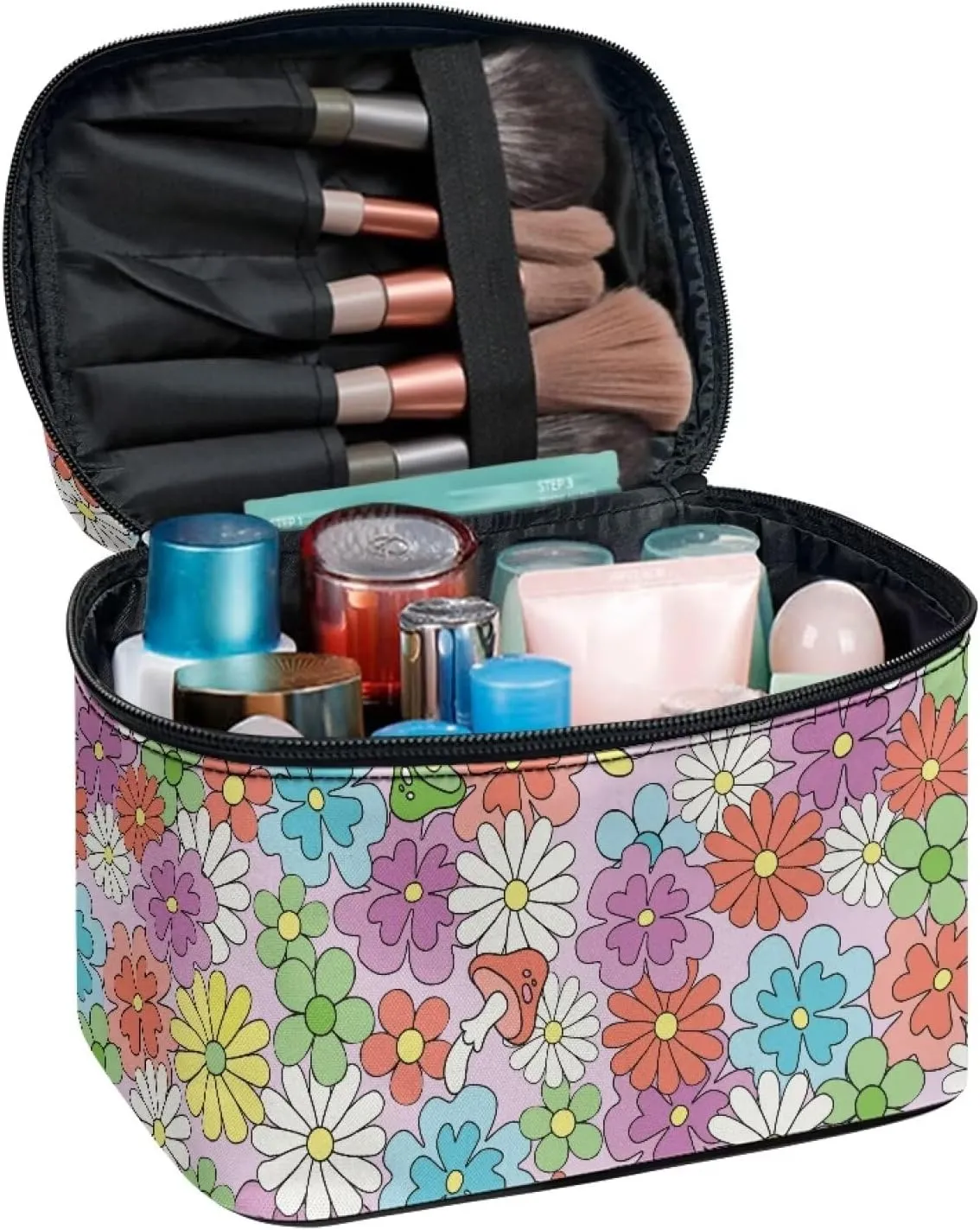 Daisy Mushroom Travel Cosmetic Bag for Women Girls Zipper Clear Travel Bags for Toiletries Large Capacity Brushes Case with Handle Easy to Clean for Weekend Getaways, Vacations