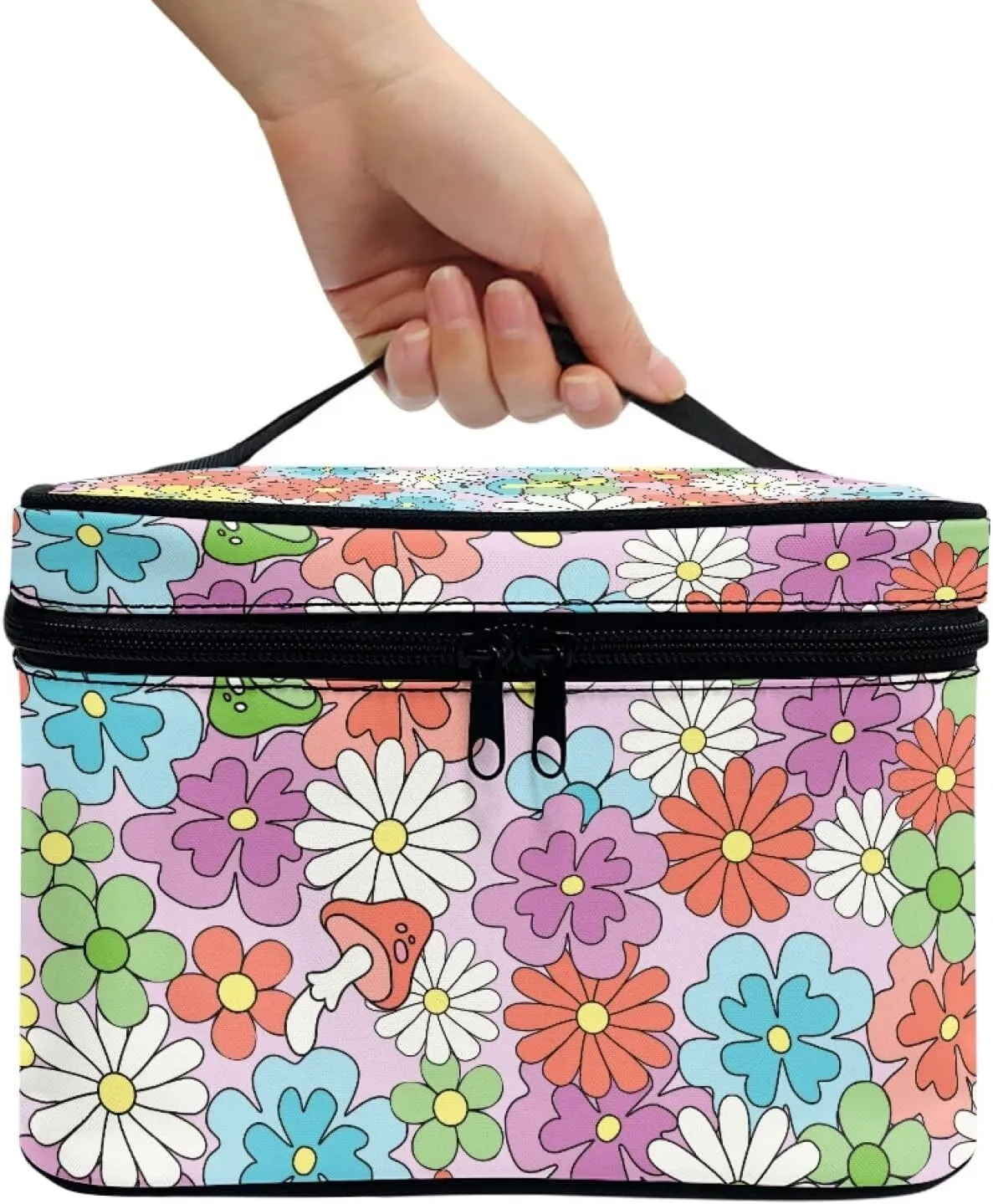 Daisy Mushroom Travel Cosmetic Bag for Women Girls Zipper Clear Travel Bags for Toiletries Large Capacity Brushes Case with Handle Easy to Clean for Weekend Getaways, Vacations