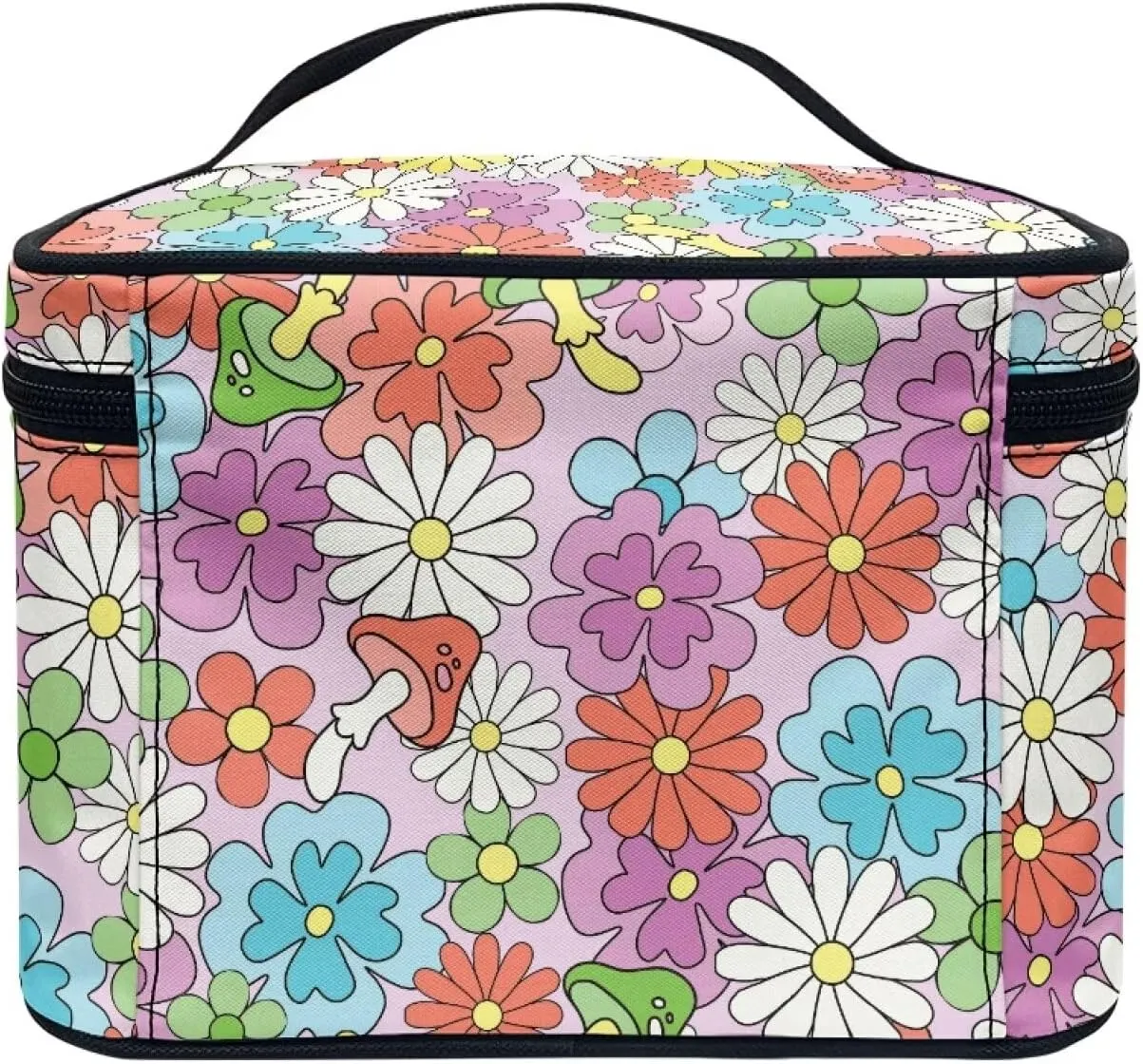 Daisy Mushroom Travel Cosmetic Bag for Women Girls Zipper Clear Travel Bags for Toiletries Large Capacity Brushes Case with Handle Easy to Clean for Weekend Getaways, Vacations