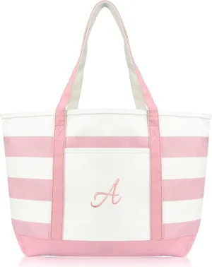 DALIX Striped Beach Bag Tote Bags Satchel Personalized Pink Ballent Letter A - Z