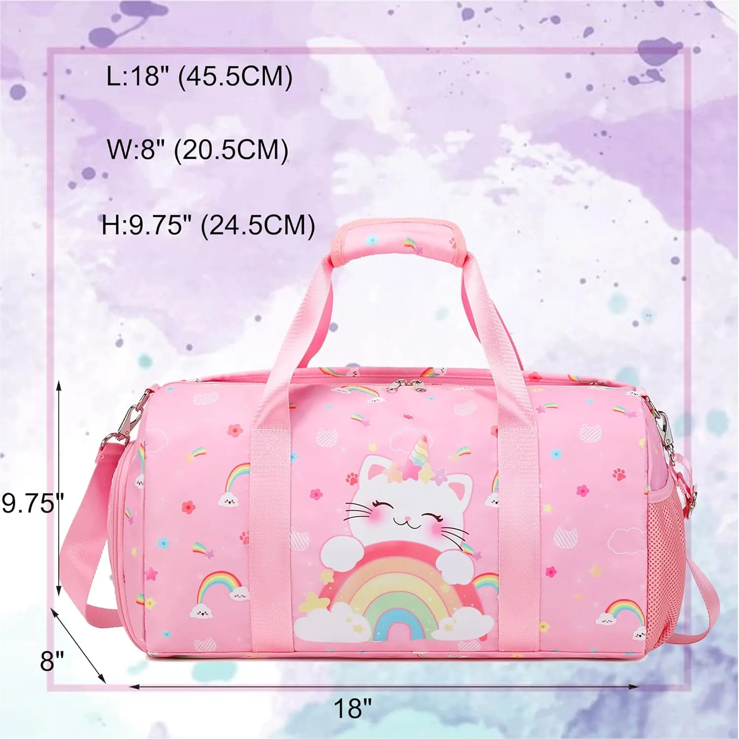 Dance Bag for Girls Ballet Bag Duffle Bag Sports Gymnastic Bag Travel Bag for Sleepover Overnight Bag with Shoe Compartment and Wet Pocket（Unicorn Cat）