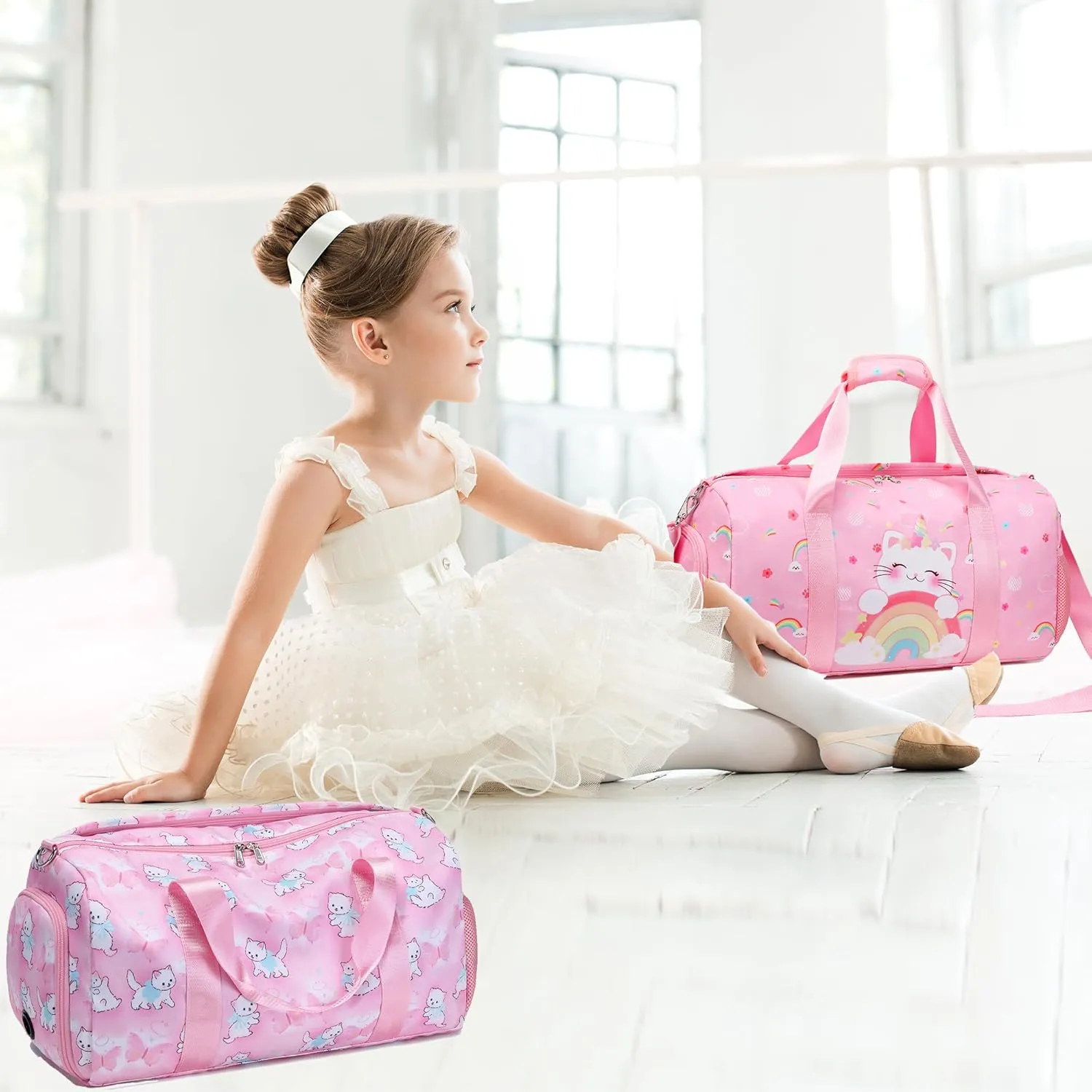 Dance Bag for Girls Ballet Bag Duffle Bag Sports Gymnastic Bag Travel Bag for Sleepover Overnight Bag with Shoe Compartment and Wet Pocket（Unicorn Cat）