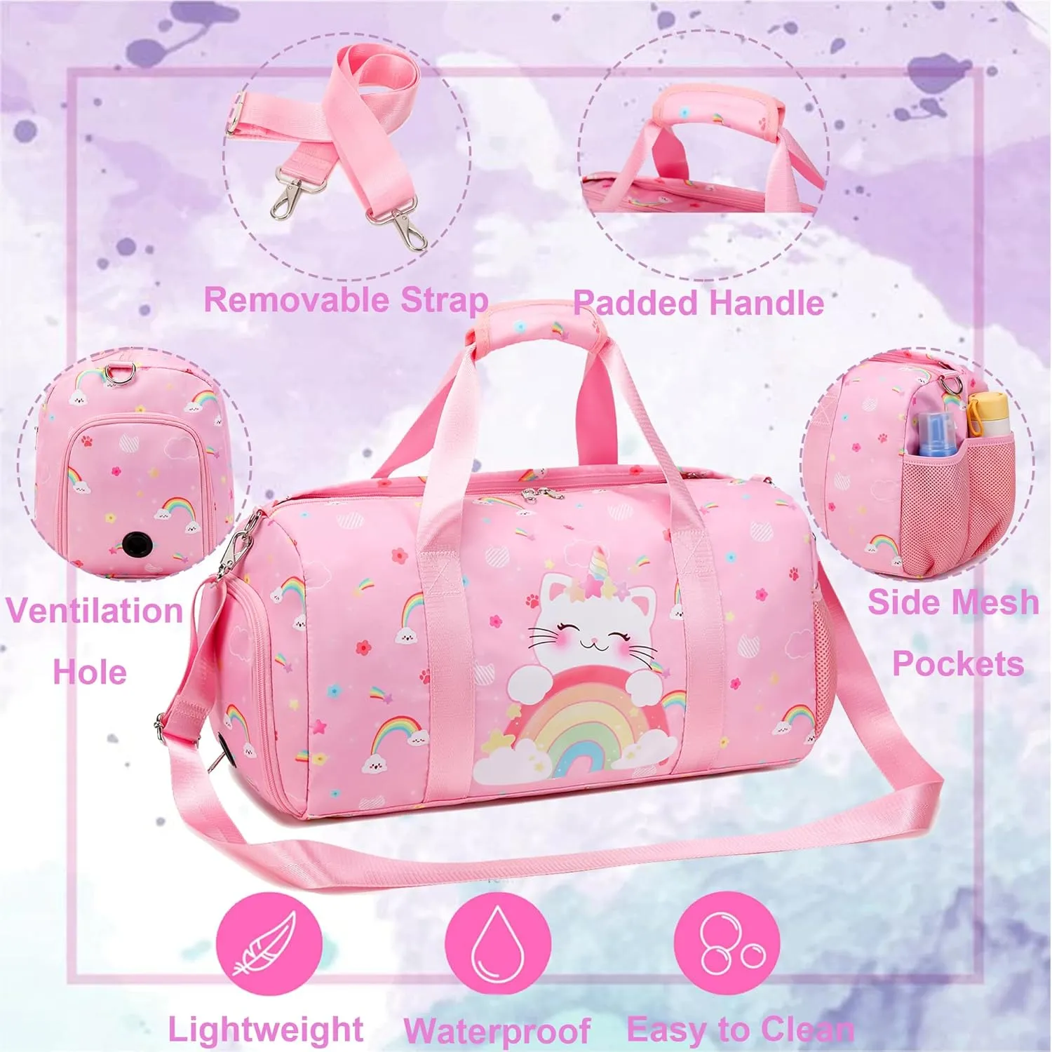 Dance Bag for Girls Ballet Bag Duffle Bag Sports Gymnastic Bag Travel Bag for Sleepover Overnight Bag with Shoe Compartment and Wet Pocket（Unicorn Cat）