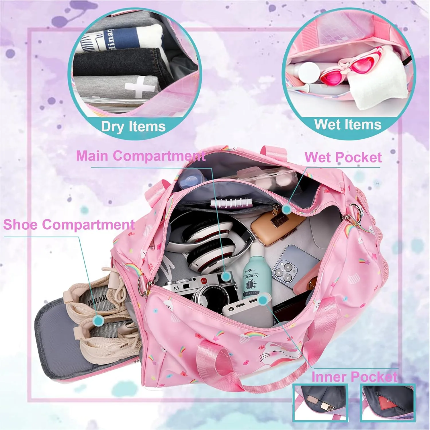 Dance Bag for Girls Ballet Bag Duffle Bag Sports Gymnastic Bag Travel Bag for Sleepover Overnight Bag with Shoe Compartment and Wet Pocket（Unicorn Cat）