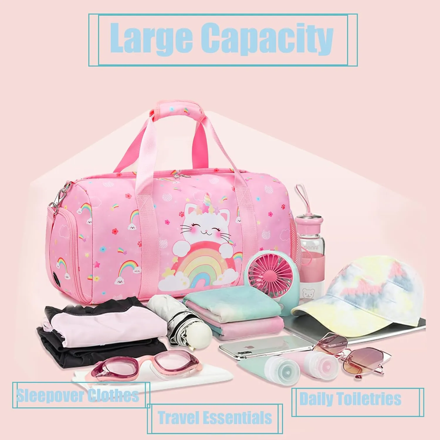 Dance Bag for Girls Ballet Bag Duffle Bag Sports Gymnastic Bag Travel Bag for Sleepover Overnight Bag with Shoe Compartment and Wet Pocket（Unicorn Cat）