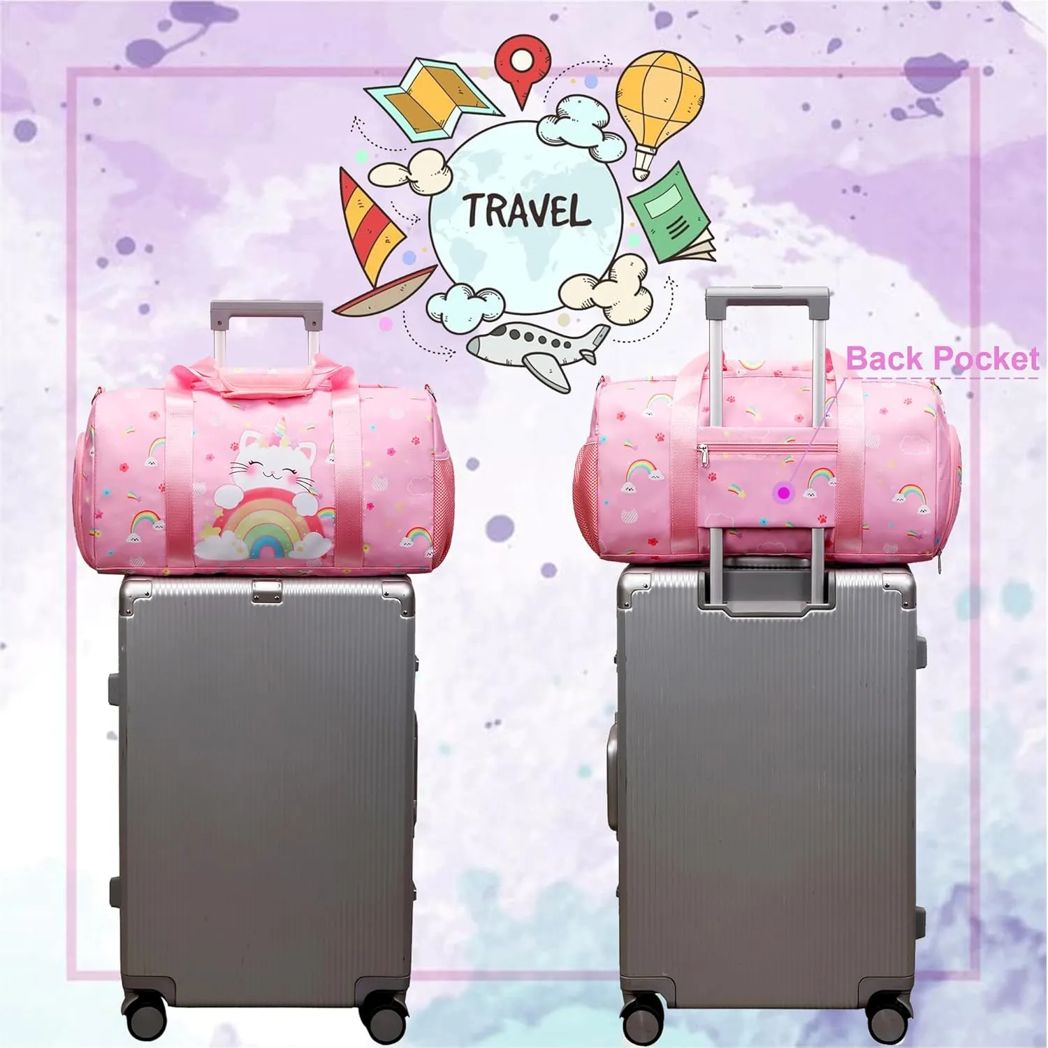 Dance Bag for Girls Ballet Bag Duffle Bag Sports Gymnastic Bag Travel Bag for Sleepover Overnight Bag with Shoe Compartment and Wet Pocket（Unicorn Cat）