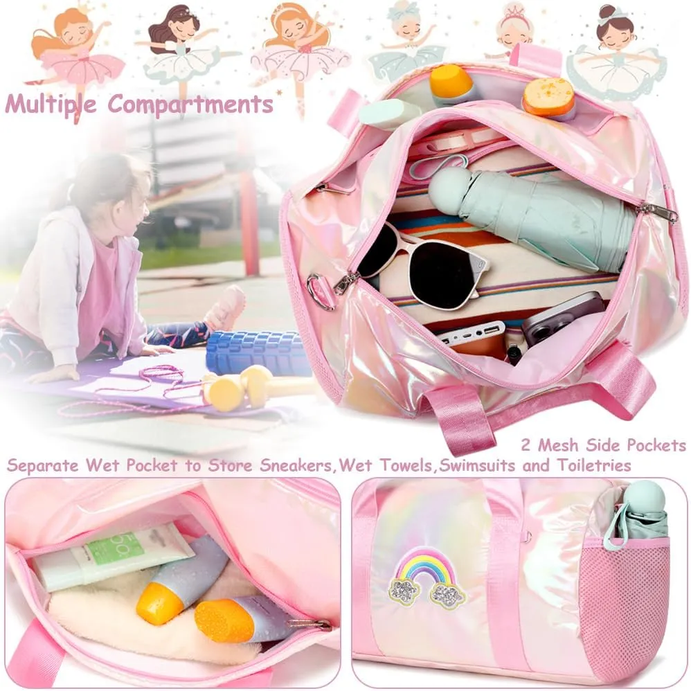 Dance Bag for Girls Dancers Ballet Bag Shiny Rainbow Sports Duffle Bag for Girls Ballerina Gym Duffle with Waterproof Dry Wet Separated Compartment