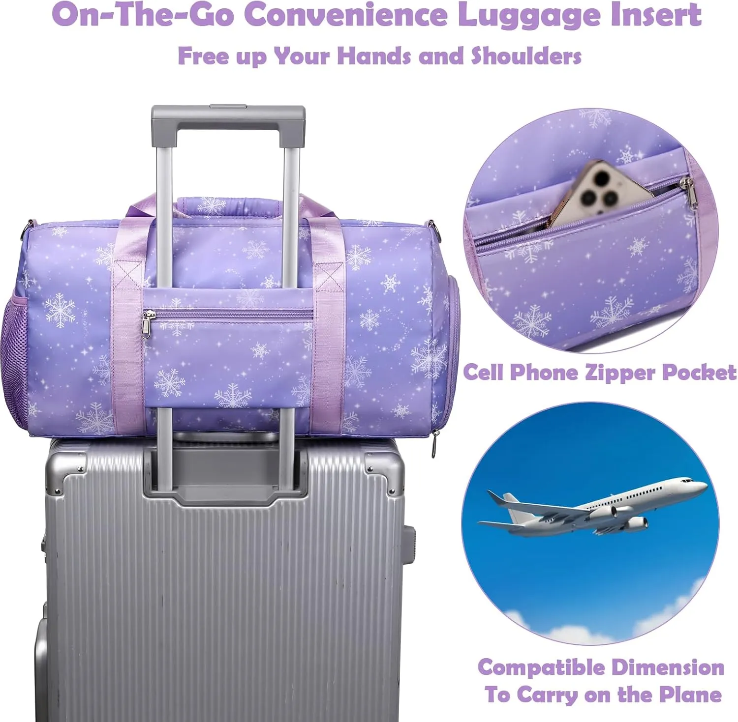 Dance Bags for Girls, Fairy Purple Duffle Bag with Wet & Shoe Compartment for Ballet Gym Sport, Girls Overnight Weekender Carry On Bag with Trolley Sleeve for Travel