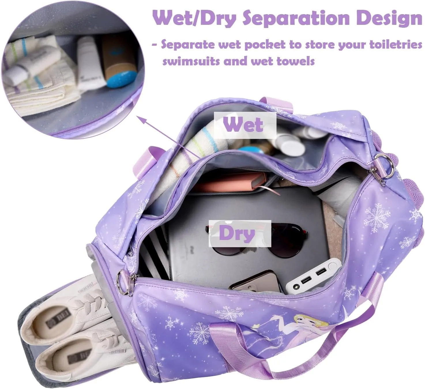 Dance Bags for Girls, Fairy Purple Duffle Bag with Wet & Shoe Compartment for Ballet Gym Sport, Girls Overnight Weekender Carry On Bag with Trolley Sleeve for Travel