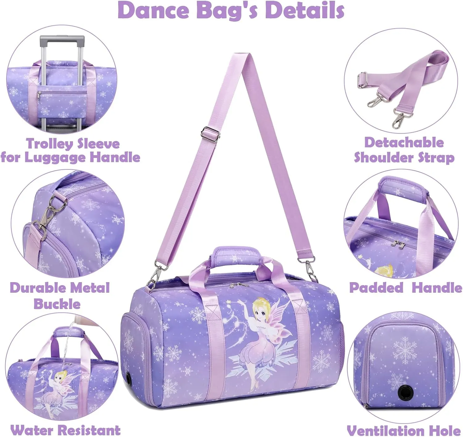 Dance Bags for Girls, Fairy Purple Duffle Bag with Wet & Shoe Compartment for Ballet Gym Sport, Girls Overnight Weekender Carry On Bag with Trolley Sleeve for Travel