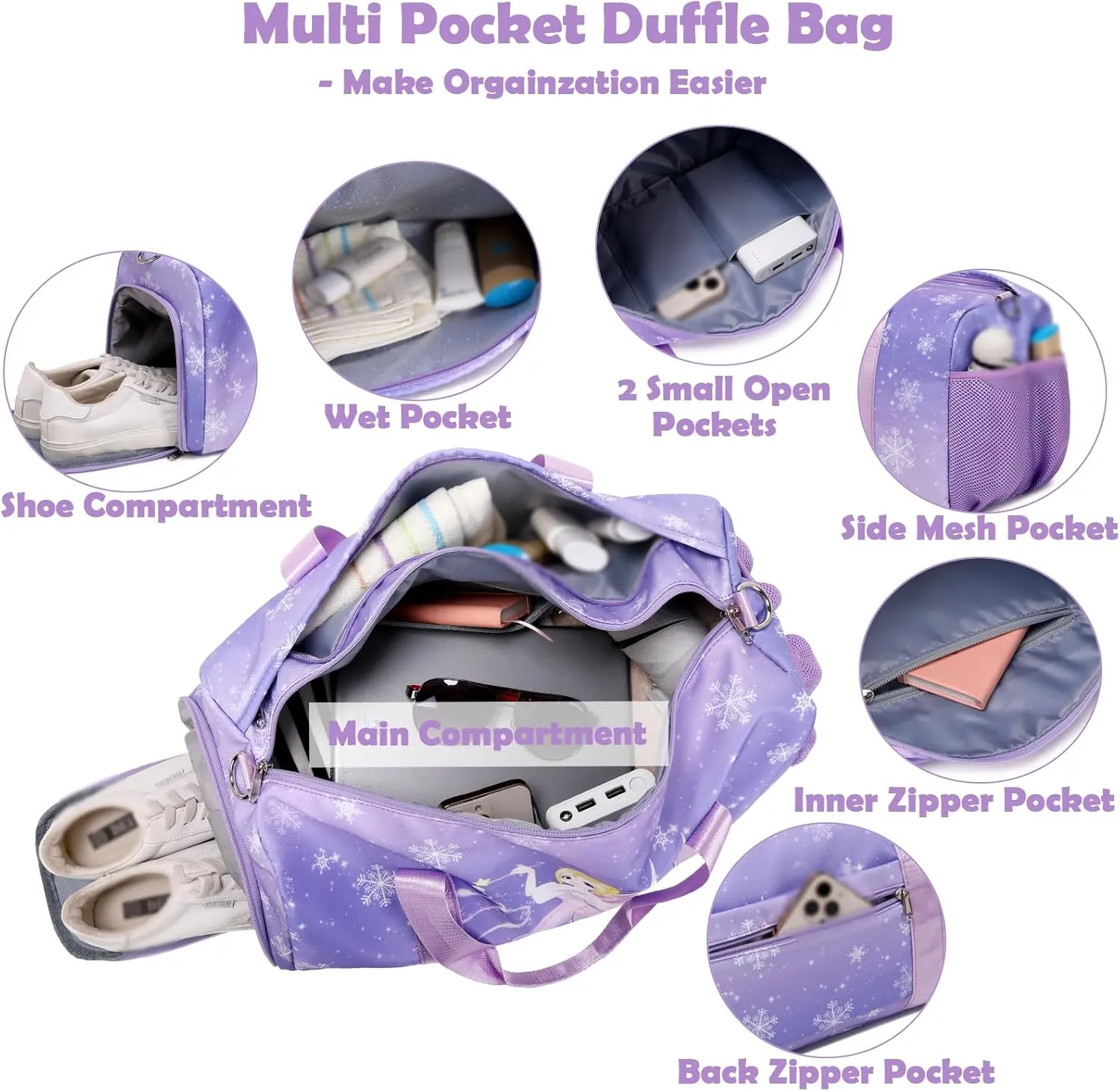 Dance Bags for Girls, Fairy Purple Duffle Bag with Wet & Shoe Compartment for Ballet Gym Sport, Girls Overnight Weekender Carry On Bag with Trolley Sleeve for Travel