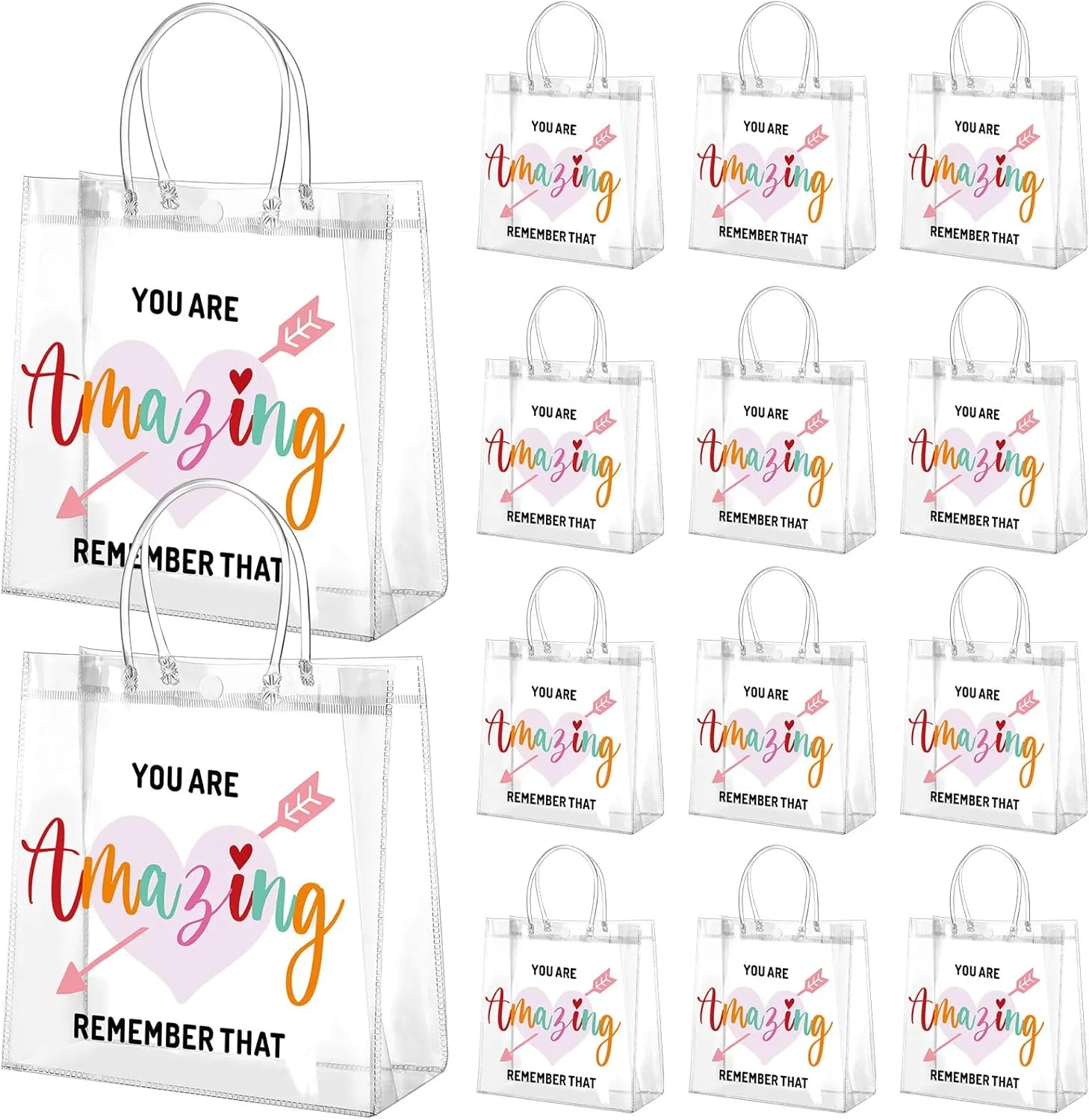 Dansydaisy 20 Pcs Inspirational Gifts Bulk for Women Clear PVC Thank You Gift Bags Reusable Goodie Bags with Handles for Mother's Day Wedding 7.87 x 7.87 Inch(You Are Amazing Remember That)