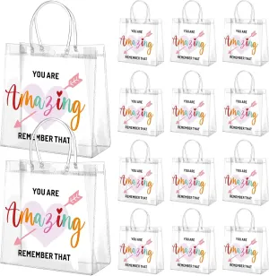 Dansydaisy 20 Pcs Inspirational Gifts Bulk for Women Clear PVC Thank You Gift Bags Reusable Goodie Bags with Handles for Mother's Day Wedding 7.87 x 7.87 Inch(You Are Amazing Remember That)