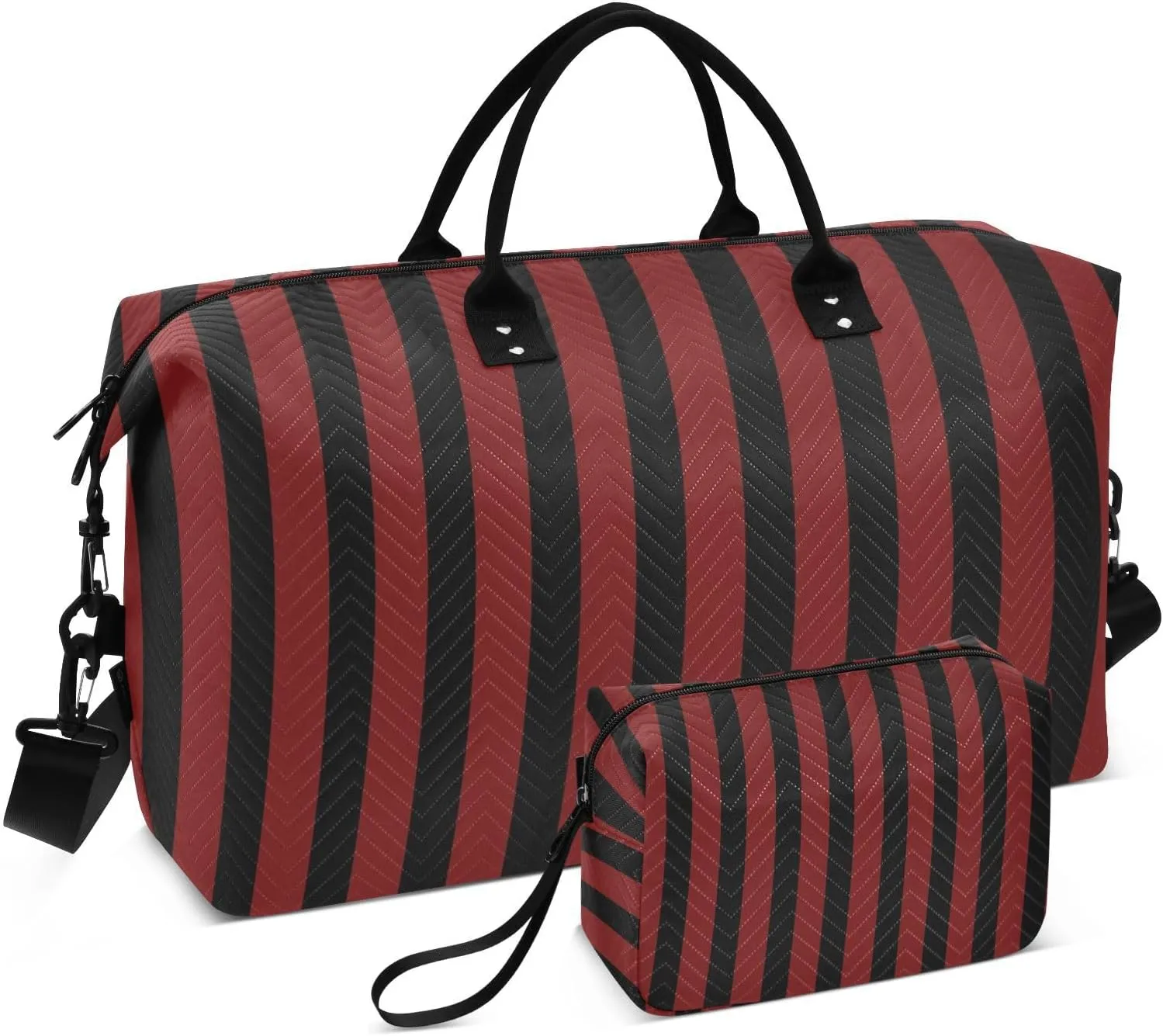 Dark Red Black Stripes Travel Duffel Bag, Shoulder Weekender Overnight Bags - Large Gym Bag with Wet Pocket