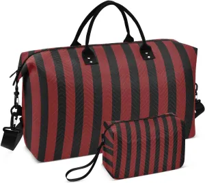 Dark Red Black Stripes Travel Duffel Bag, Shoulder Weekender Overnight Bags - Large Gym Bag with Wet Pocket