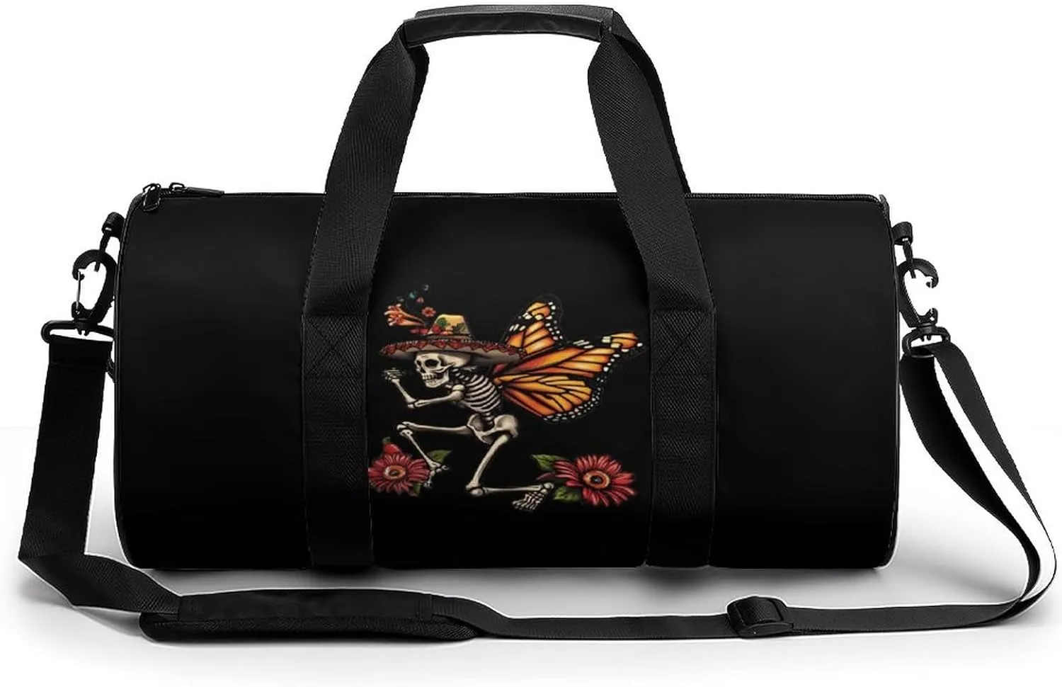 Day of The Dead Skull Skeleton Monarch Butterfly Gym Bag Cylindrical Sports Bag Travel Duffel Bag with Shoulder Strap