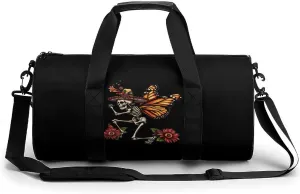 Day of The Dead Skull Skeleton Monarch Butterfly Gym Bag Cylindrical Sports Bag Travel Duffel Bag with Shoulder Strap