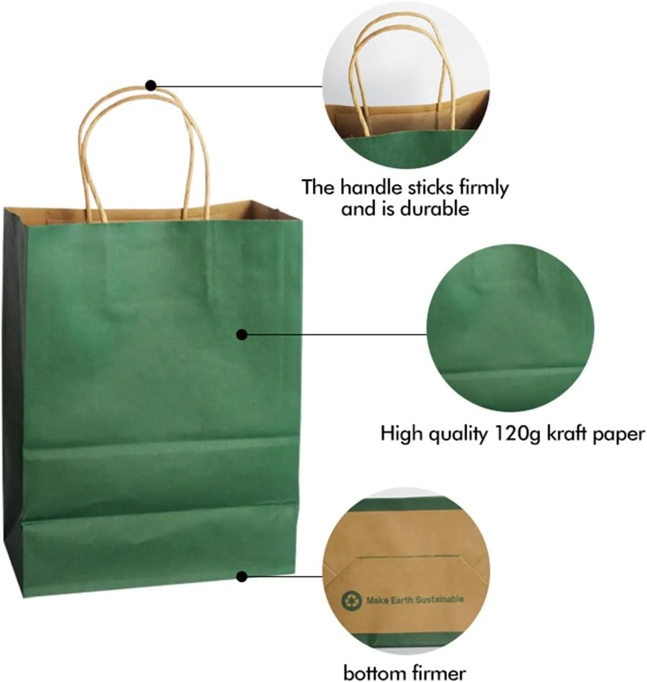 DechoPak 50pcs Dark Green Gift Bags with Handles, 8.3x4.3x10.6 Inch Kraft Paper Bag Bulk, Medium Colored Party Favor Goodie Bags for Birthday Baby Shower Valentine's Day Christmas Retail Business