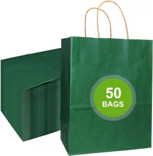 DechoPak 50pcs Dark Green Gift Bags with Handles, 8.3x4.3x10.6 Inch Kraft Paper Bag Bulk, Medium Colored Party Favor Goodie Bags for Birthday Baby Shower Valentine's Day Christmas Retail Business