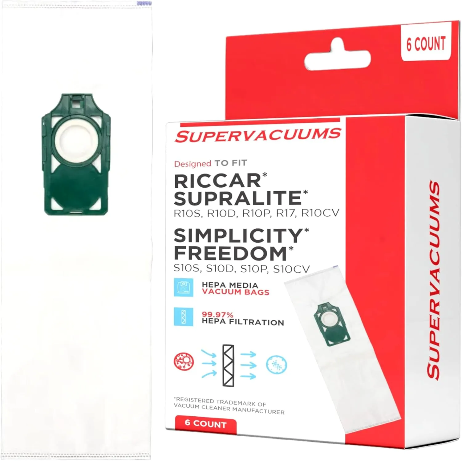 Deluxe Replacement Hepa Vacuum Cleaner Bags for Riccar Supralite R10S, R10D, R10P, & R10SAND Model Upright Vacuum Cleaner | Simplicity Vacuum Bags for S10 Series Upright Vacuum Cleaner