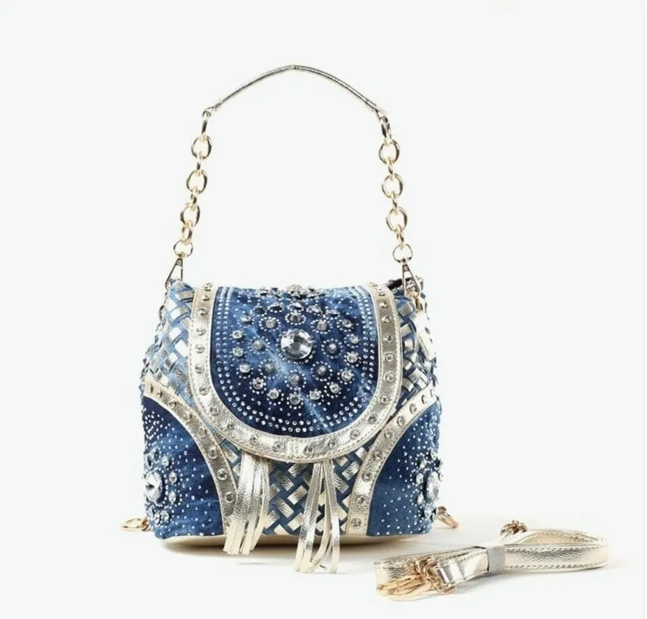 Denim Bag Jeans Tote Bag Fashion Women Handbag Multifunctional Backpack Shoulder Bag with Crystal Diamond and Tassel (Gold)