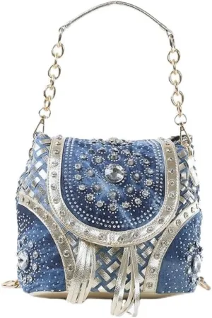 Denim Bag Jeans Tote Bag Fashion Women Handbag Multifunctional Backpack Shoulder Bag with Crystal Diamond and Tassel (Gold)