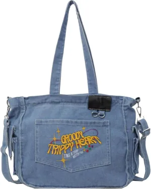 Denim Messenger Bag with Pearl Bag Chain Casual Crossbody Bag Chic Tote Shoulder Bag Travel Daypacks