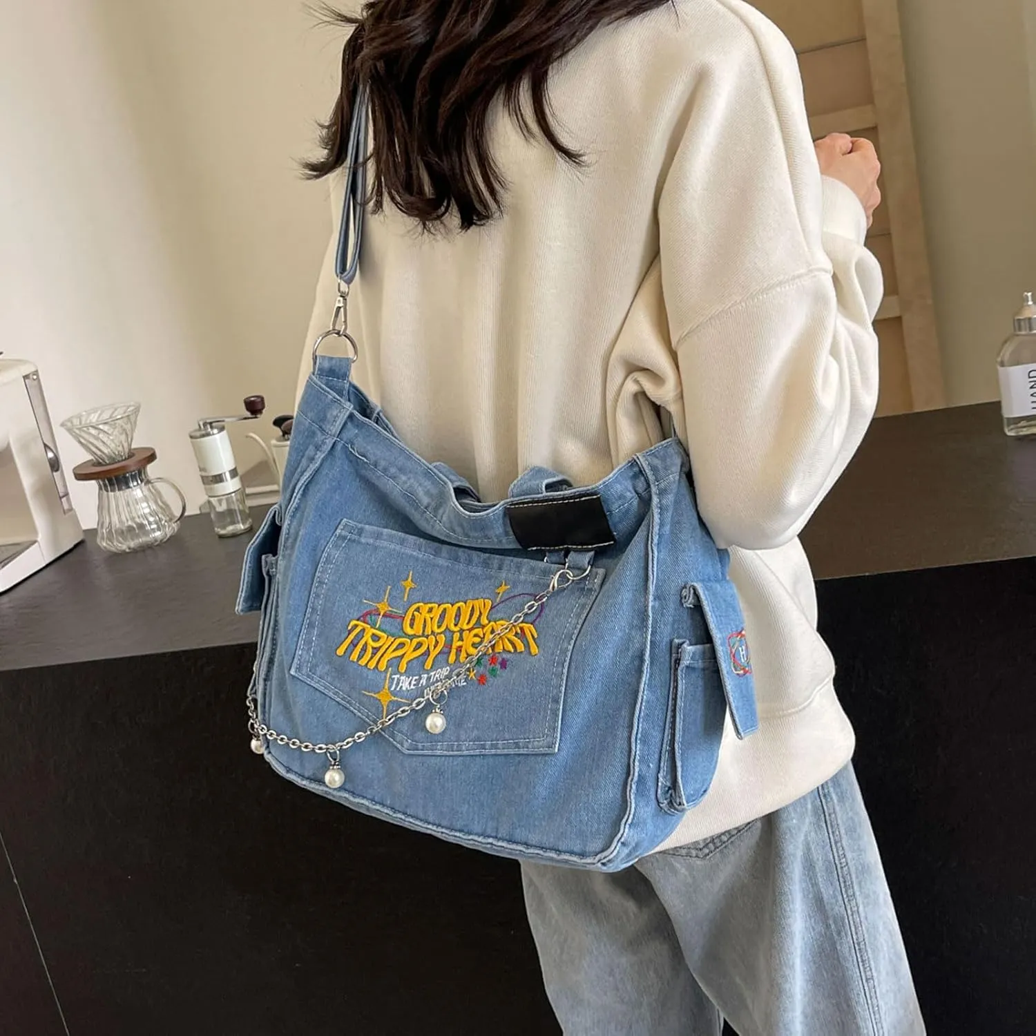 Denim Messenger Bag with Pearl Bag Chain Casual Crossbody Bag Chic Tote Shoulder Bag Travel Daypacks