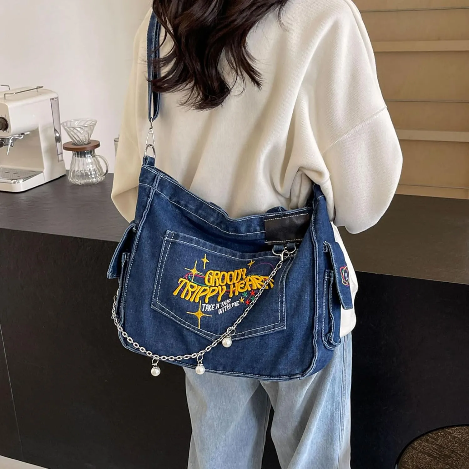 Denim Messenger Bag with Pearl Bag Chain Casual Crossbody Bag Chic Tote Shoulder Bag Travel Daypacks