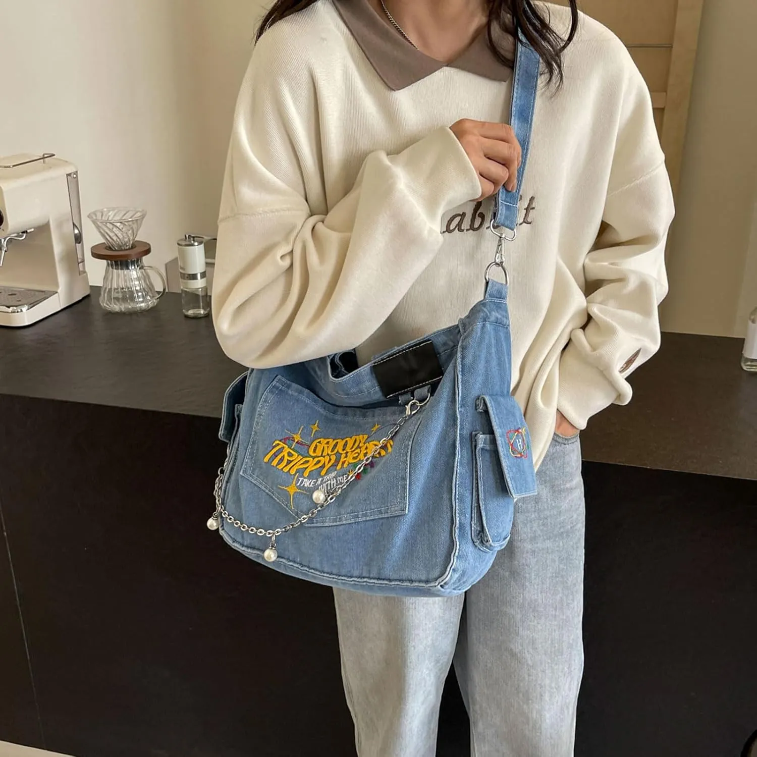 Denim Messenger Bag with Pearl Bag Chain Casual Crossbody Bag Chic Tote Shoulder Bag Travel Daypacks