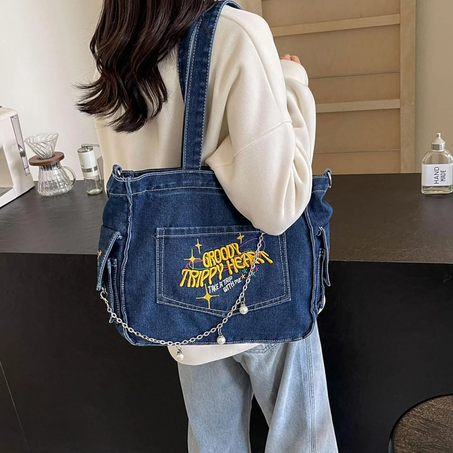 Denim Messenger Bag with Pearl Bag Chain Casual Crossbody Bag Chic Tote Shoulder Bag Travel Daypacks