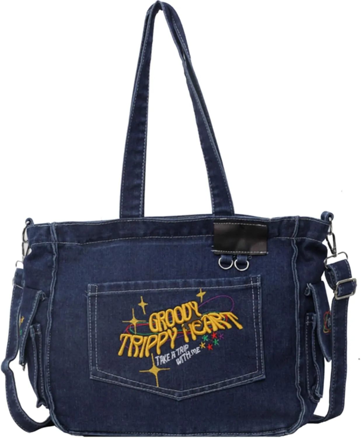 Denim Messenger Bag with Pearl Bag Chain Casual Crossbody Bag Chic Tote Shoulder Bag Travel Daypacks