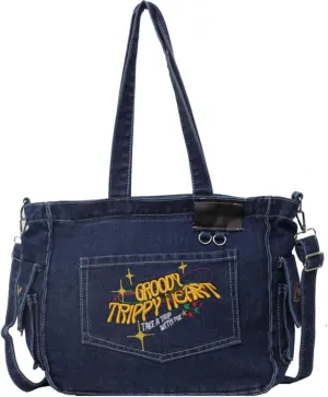 Denim Messenger Bag with Pearl Bag Chain Casual Crossbody Bag Chic Tote Shoulder Bag Travel Daypacks