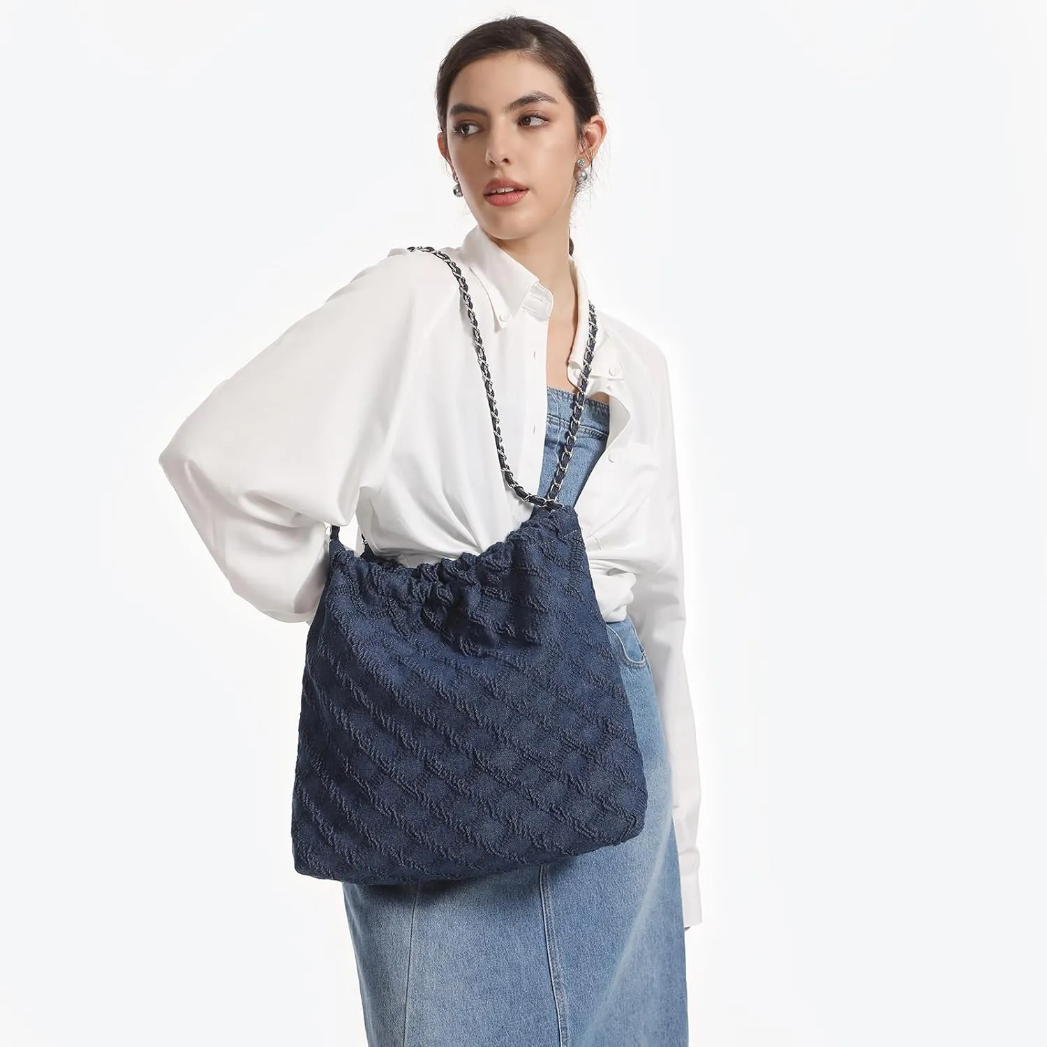 Denim Tote Bag for Women, Chain Shoulder Bag Hobo Handbags, Large Quilted Top Handle Satchel Purse with Wallet