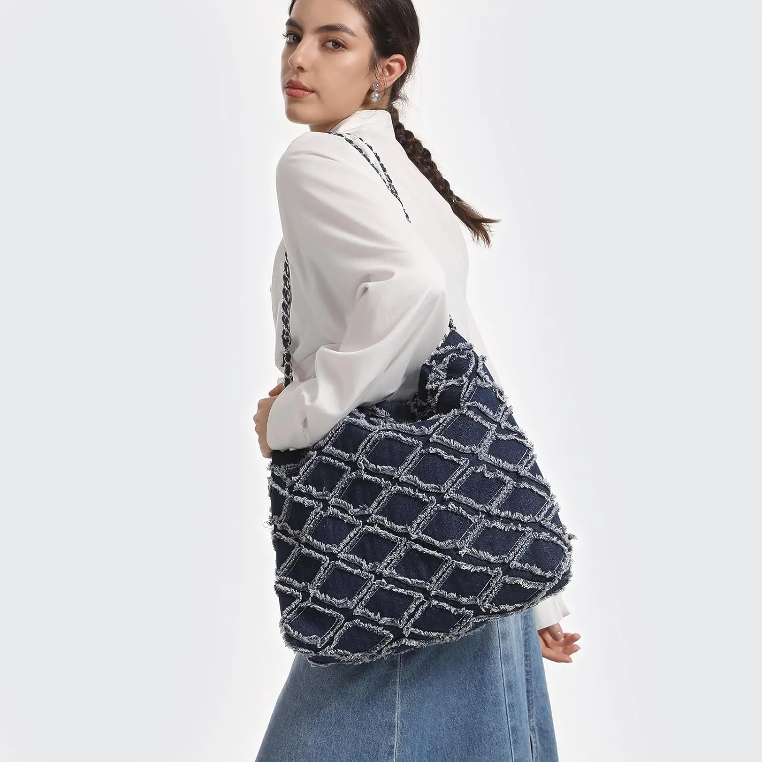Denim Tote Bag for Women, Chain Shoulder Bag Hobo Handbags, Large Quilted Top Handle Satchel Purse with Wallet