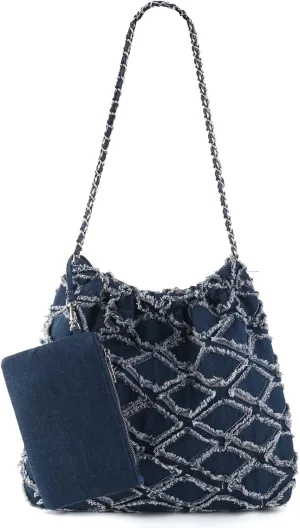 Denim Tote Bag for Women, Chain Shoulder Bag Hobo Handbags, Large Quilted Top Handle Satchel Purse with Wallet