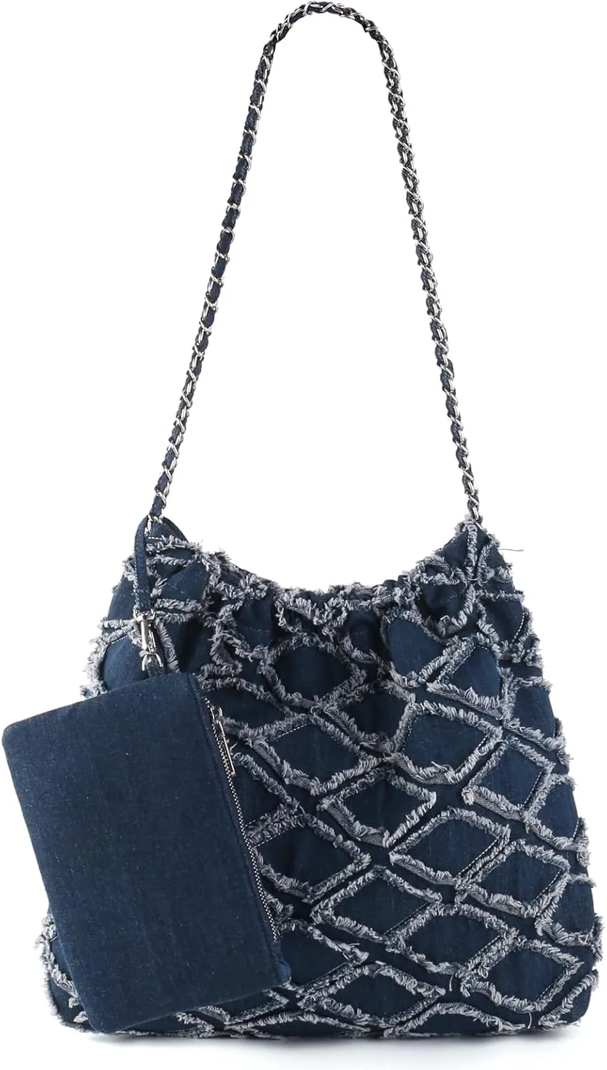 Denim Tote Bag for Women, Chain Shoulder Bag Hobo Handbags, Large Quilted Top Handle Satchel Purse with Wallet