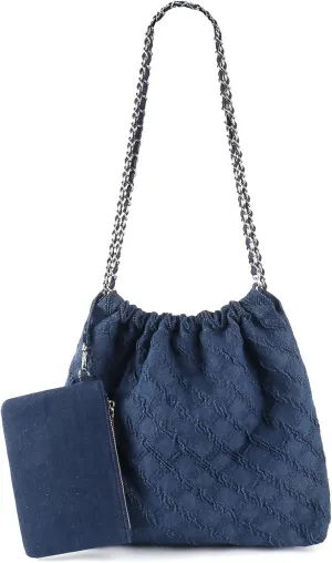 Denim Tote Bag for Women, Chain Shoulder Bag Hobo Handbags, Large Quilted Top Handle Satchel Purse with Wallet