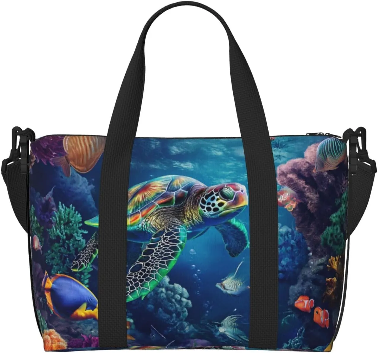 depicts tropical fish turtle print Travel Duffel Bag, Sports Tote Gym Bag, Swim Pool Bag Large Shoulder Tote Bag for Beach Weekender