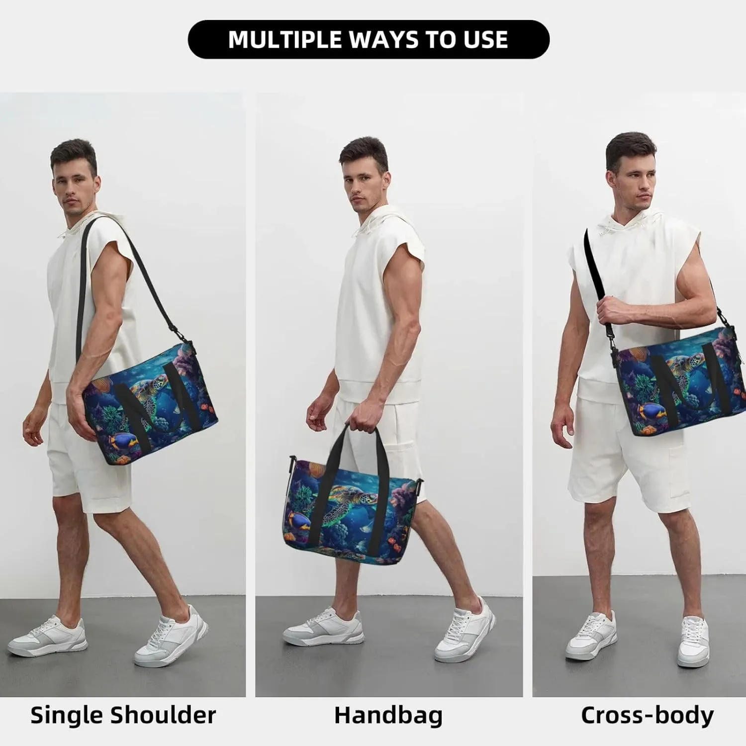depicts tropical fish turtle print Travel Duffel Bag, Sports Tote Gym Bag, Swim Pool Bag Large Shoulder Tote Bag for Beach Weekender