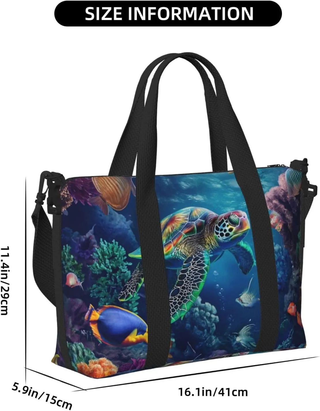 depicts tropical fish turtle print Travel Duffel Bag, Sports Tote Gym Bag, Swim Pool Bag Large Shoulder Tote Bag for Beach Weekender