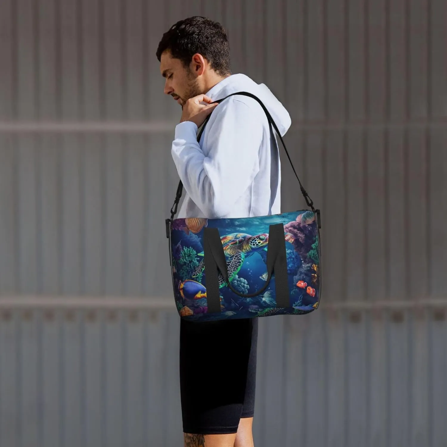 depicts tropical fish turtle print Travel Duffel Bag, Sports Tote Gym Bag, Swim Pool Bag Large Shoulder Tote Bag for Beach Weekender