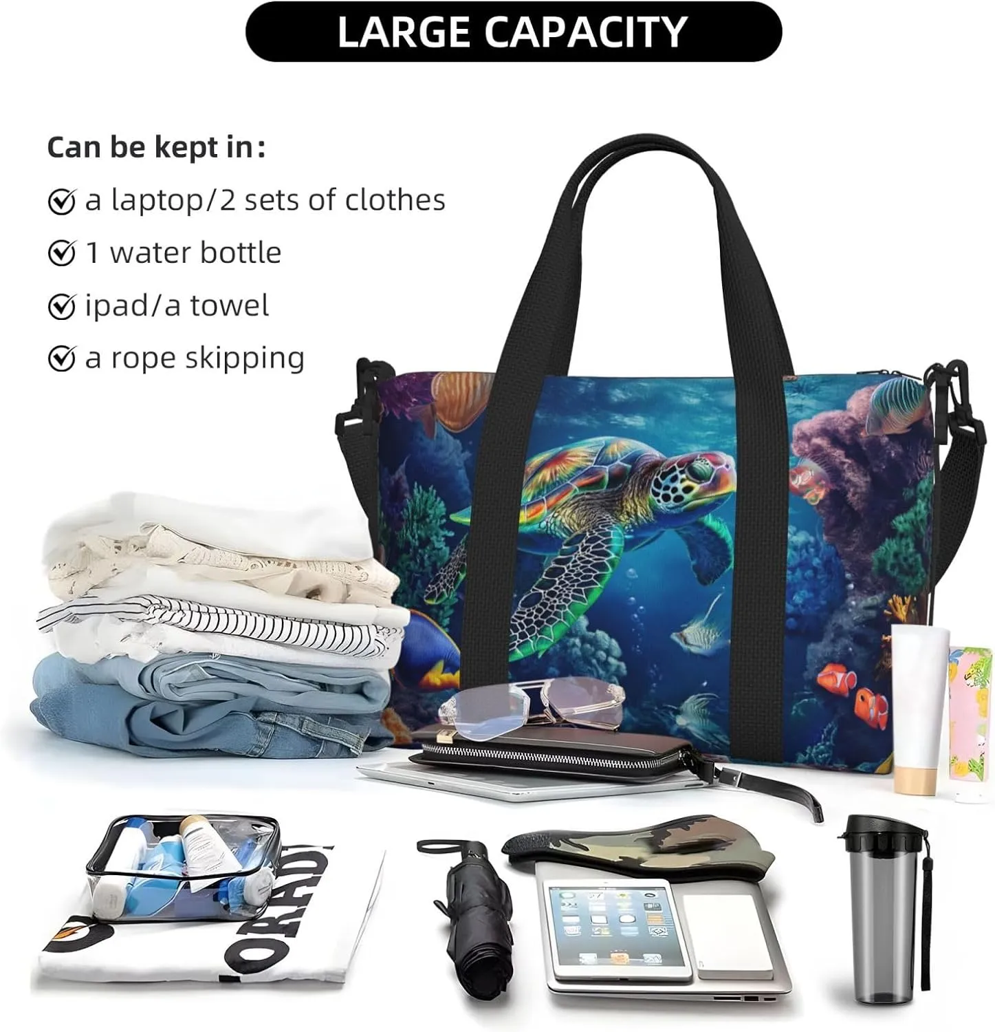 depicts tropical fish turtle print Travel Duffel Bag, Sports Tote Gym Bag, Swim Pool Bag Large Shoulder Tote Bag for Beach Weekender