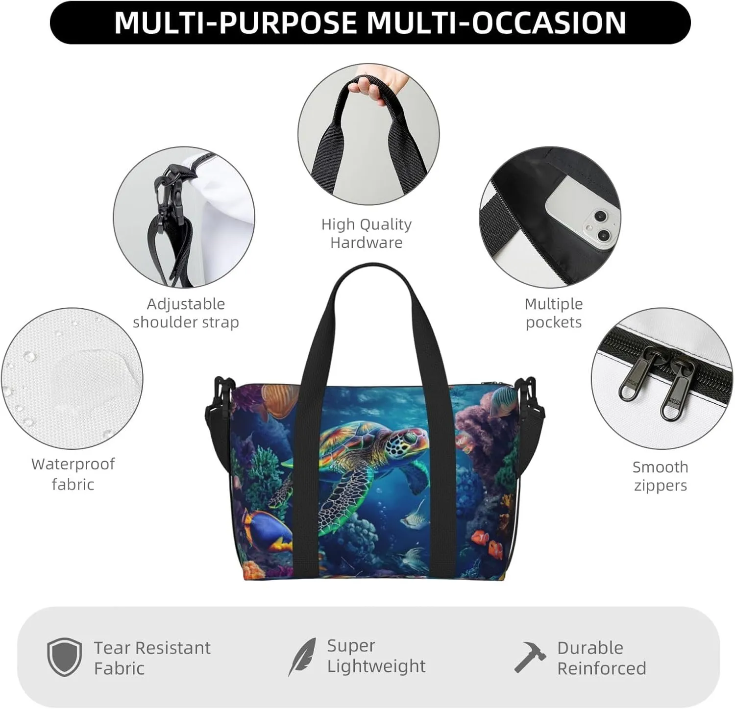 depicts tropical fish turtle print Travel Duffel Bag, Sports Tote Gym Bag, Swim Pool Bag Large Shoulder Tote Bag for Beach Weekender