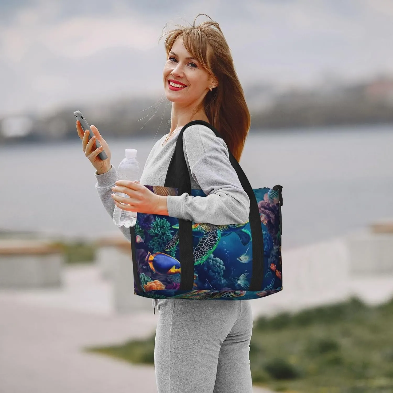 depicts tropical fish turtle print Travel Duffel Bag, Sports Tote Gym Bag, Swim Pool Bag Large Shoulder Tote Bag for Beach Weekender