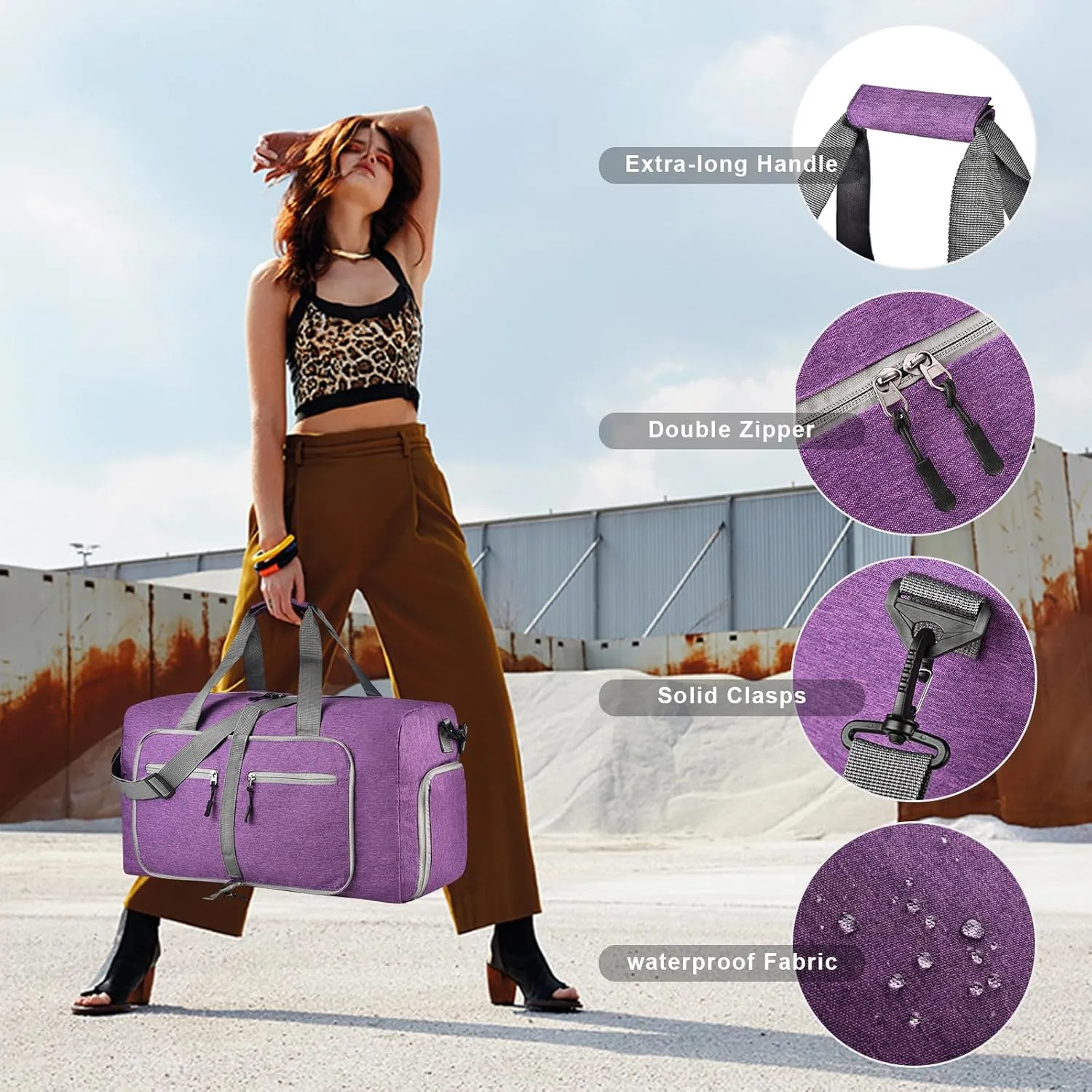 Dimayar 65L Travel Duffle Bag for Men Women - Foldable Duffel Bag with Shoes Compartment - Overnight Bags Waterproof & Tear Resistant(Purple)