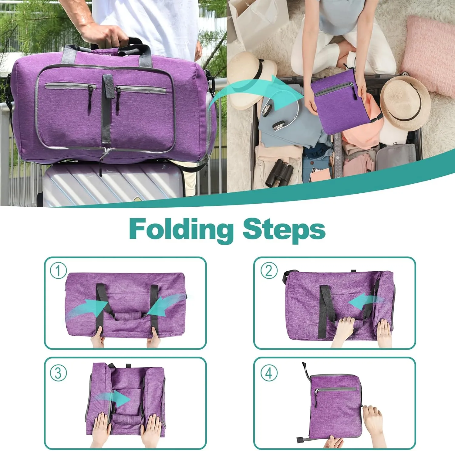 Dimayar 65L Travel Duffle Bag for Men Women - Foldable Duffel Bag with Shoes Compartment - Overnight Bags Waterproof & Tear Resistant(Purple)