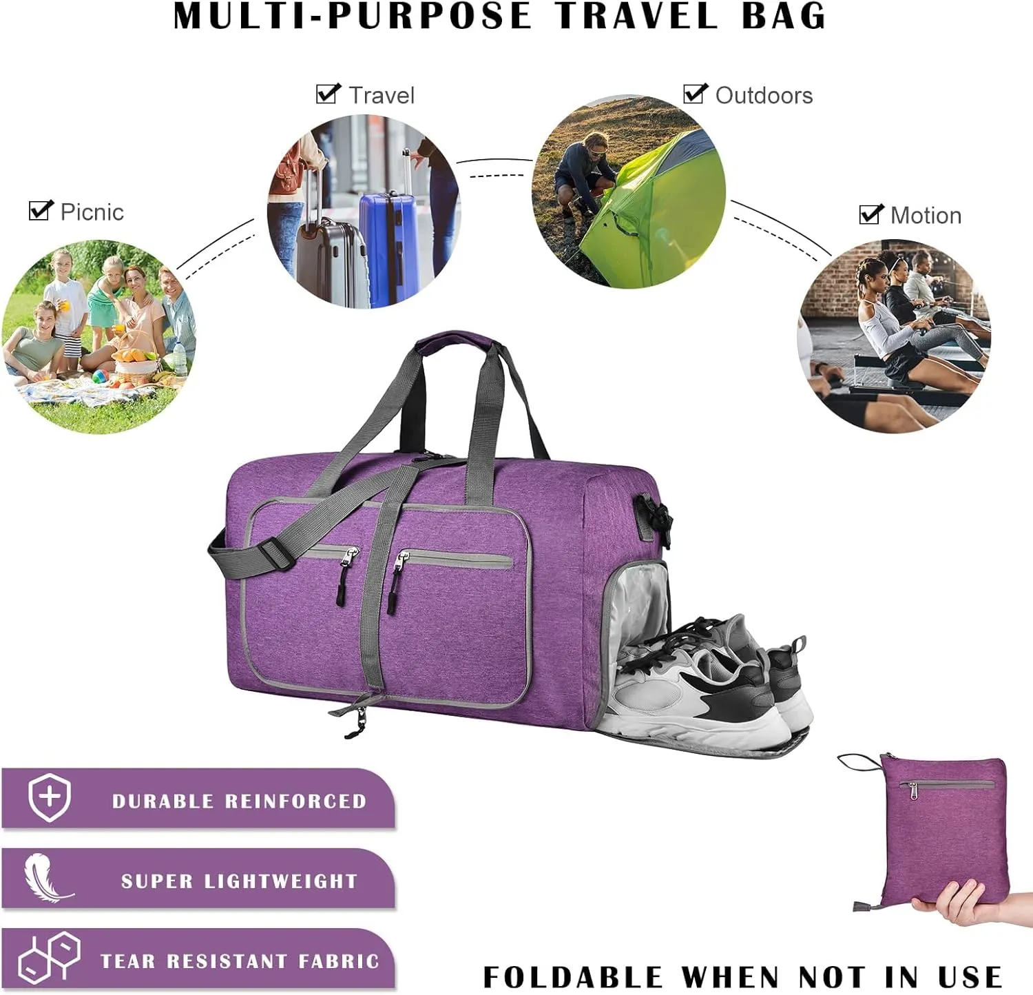 Dimayar 85L Travel Duffle Bag - Foldable Duffel Bag with Shoes Compartment - Overnight Bags Waterproof & Tear Resistant(Purple)