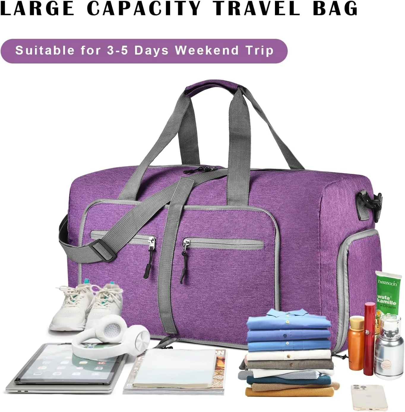 Dimayar 85L Travel Duffle Bag - Foldable Duffel Bag with Shoes Compartment - Overnight Bags Waterproof & Tear Resistant(Purple)